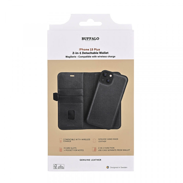 Buffalo Wallet 2-i-1 3 Kort MagSeries Sort - iPhone 15 Plus Buffalo Wallet 2-i-1 3 Kort MagSeries Sort - iPhone 15 Plus