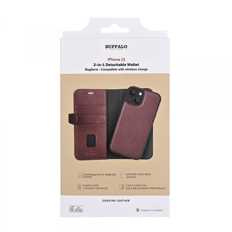 Buffalo Wallet 2-i-1 3 Kort MagSeries Brun - iPhone 15 Buffalo Wallet 2-i-1 3 Kort MagSeries Brun - iPhone 15