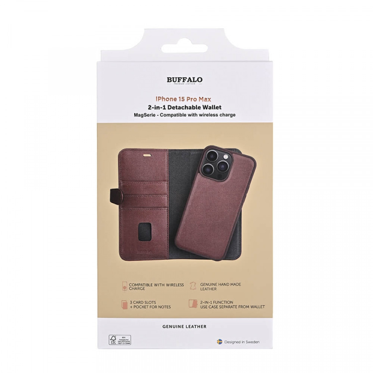 Buffalo Wallet 2-i-1 3 Kort MagSeries Brun - iPhone 15 Pro Max Buffalo Wallet 2-i-1 3 Kort MagSeries Brun - iPhone 15 Pro Max