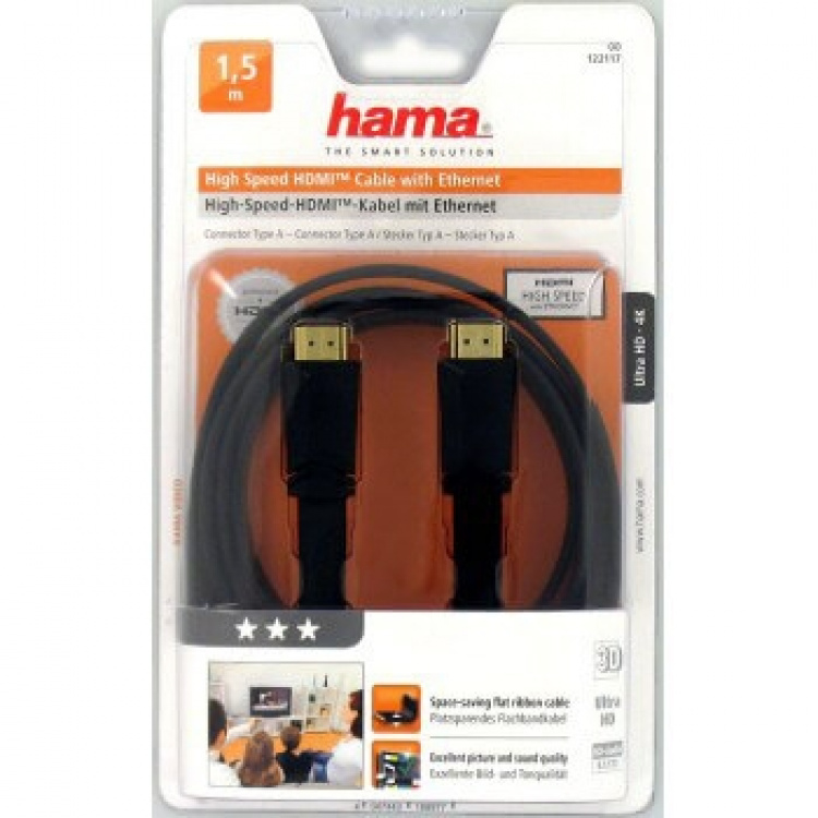 Hama HDMI Ethernet High Speed Kabel 1,5m Flad Sort Guldbelagt TL