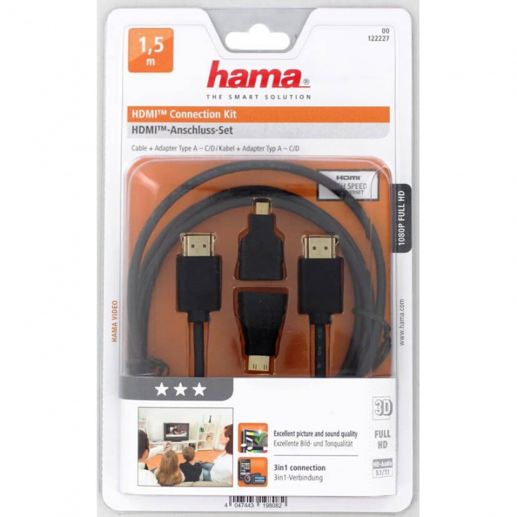 Hama HDMI Ethernet Kabel 1,5m +HDMI C/D adapt.Guldbelagt TL