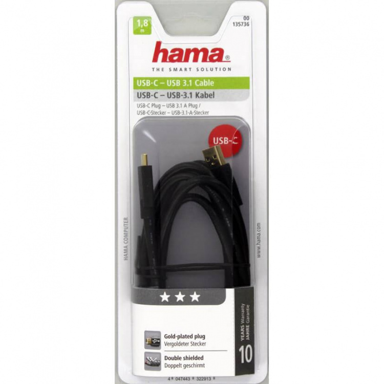 Hama USB 3.1 Kabel USB-C Han-USB-A 1,8m Guldbelagt TL