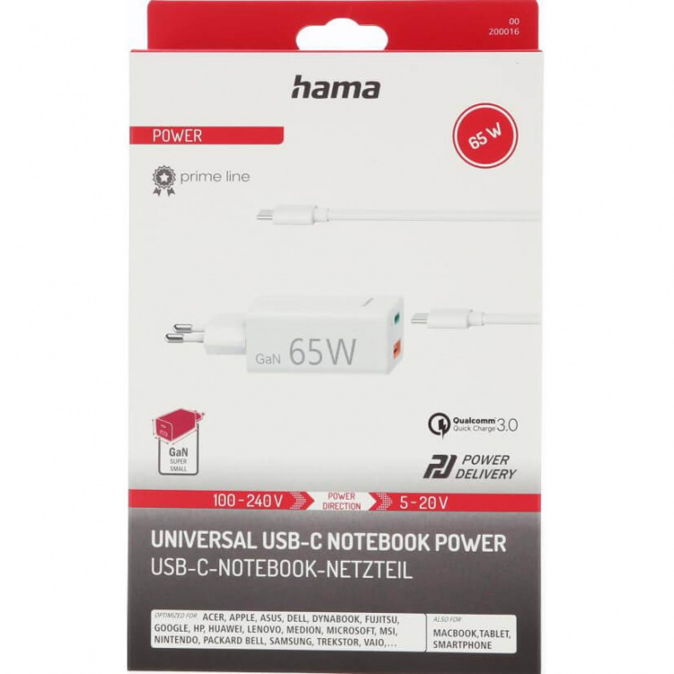 Hama Universal oplader USB-C og USB-A PD GaN 5-20V/65W Hama Universal oplader USB-C og USB-A PD GaN 5-20V/65W