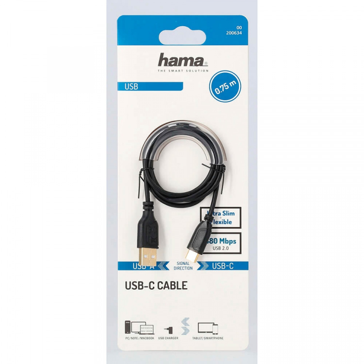 Hama Kabel USB-C Flexi-Slim USB-A-USB-C Guld Sort 0,75m