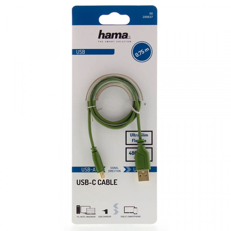 Hama Kabel USB-C Flexi-Slim USB-A-USB-C Guld Grøn 0,75m Hama Kabel USB-C Flexi-Slim USB-A-USB-C Guld Grøn 0,75m
