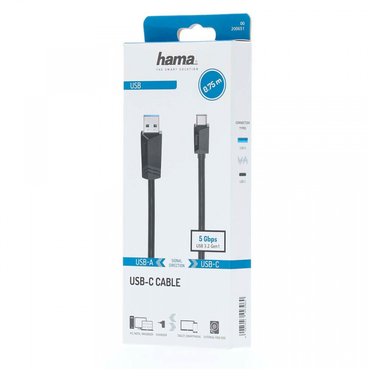 Hama Kabel USB-C - USB-A USB 3.2 5 Gbit/s 0.75m Sort
