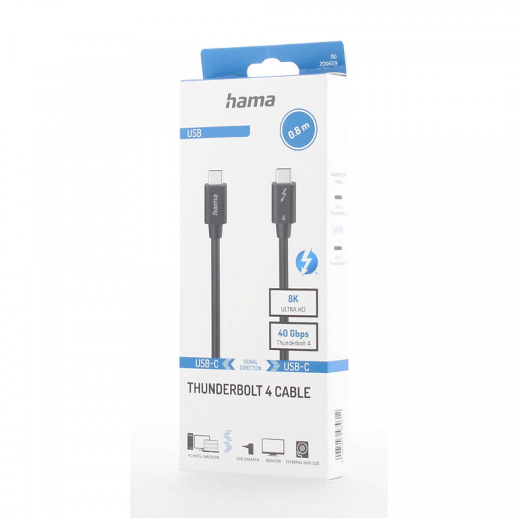 Hama Kabel USB-C Thunderbolt-4 40 Gbit/s Ultra-HD 8K 0,8m Sort