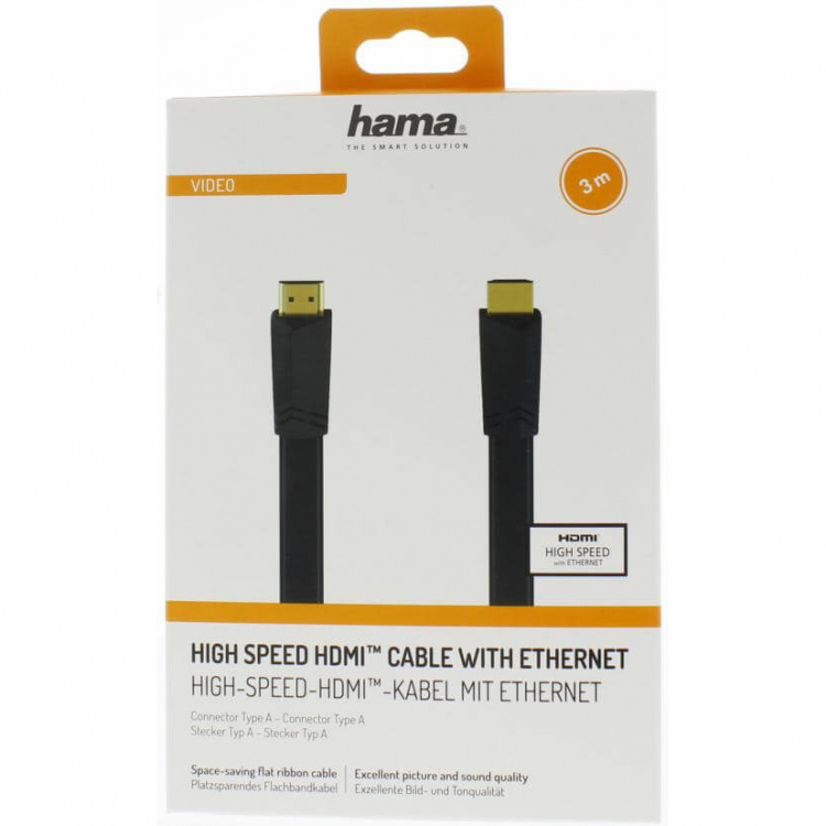 Hama HDMI Ethernet High Speed Kabel 3,0m Flad Sort Guldbelagt TL Hama HDMI Ethernet High Speed Kabel 3,0m Flad Sort Guldbelagt TL