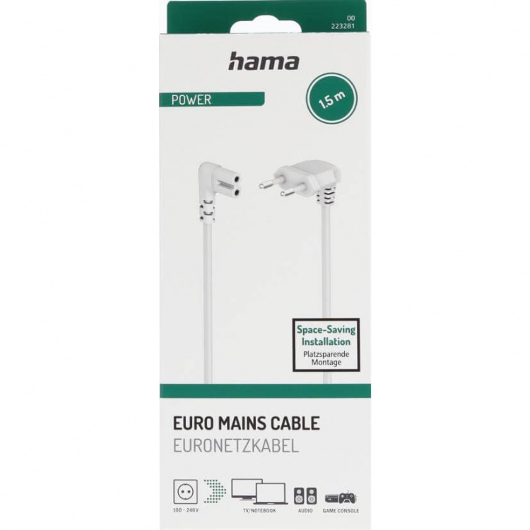Hama Strømkabel vinklet Euro Plug Hvid 1.5m