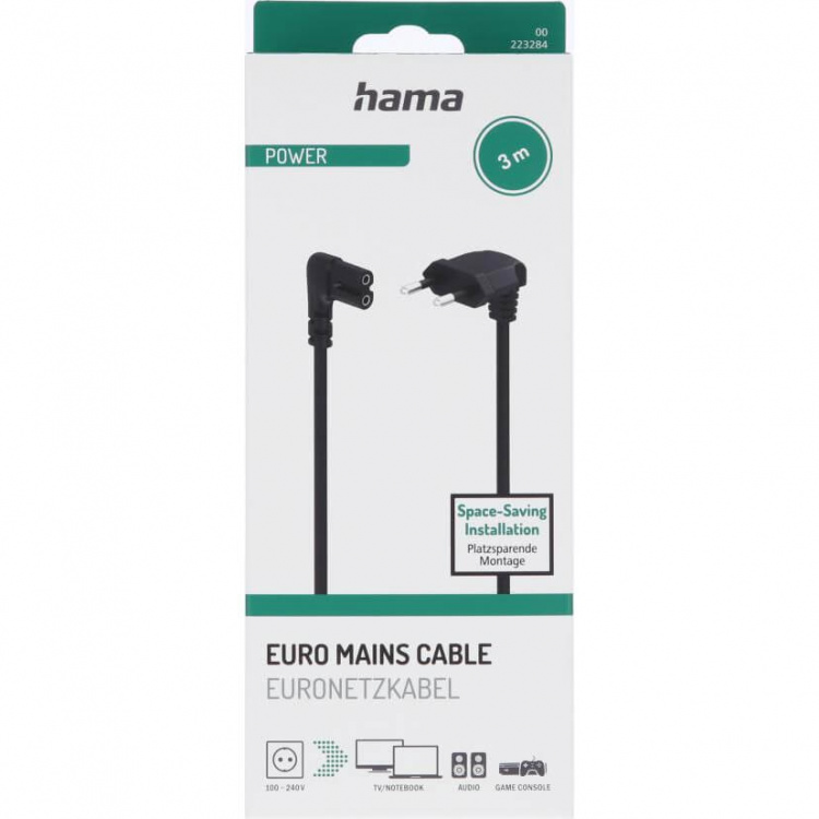 Hama Strømkabel vinklet Euro Plug Sort 3.0m