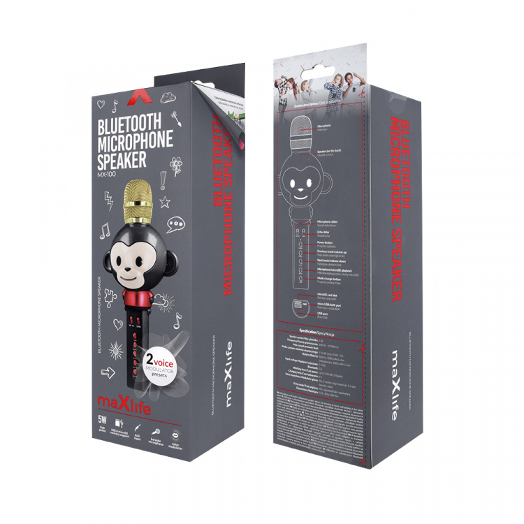 Maxlife Animal MX-100 - Bluetooth-karaokemikrofon med indbygget højttaler, sort Maxlife Animal MX-100 - Bluetooth-karaokemikrofon med indbygget højttaler, sort