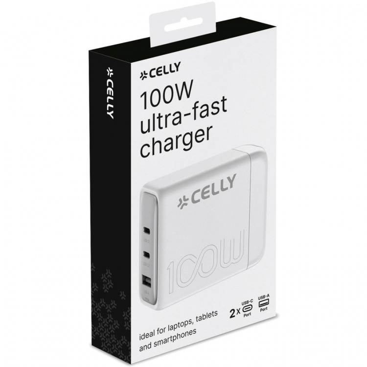 Celly Power Station 1 x USB-A + 2 x USB-C PD 100W GaN Vit Celly Power Station 1 x USB-A + 2 x USB-C PD 100W GaN Vit