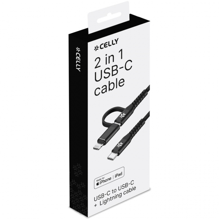 Celly 2-i-1-kabel USB-C - USB-C/Lightning 100W 2m Svart Celly 2-i-1-kabel USB-C - USB-C/Lightning 100W 2m Svart