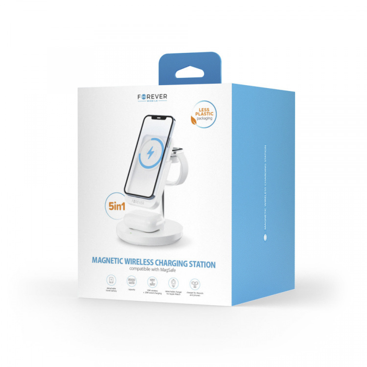 Forever MACS-100 - 5-i-1 trådløs opladningsstation med bærbar Qi-powerbank 5000 mAh, hvid Forever MACS-100 - 5-i-1 trådløs opladningsstation med bærbar Qi-powerbank 5000 mAh, hvid