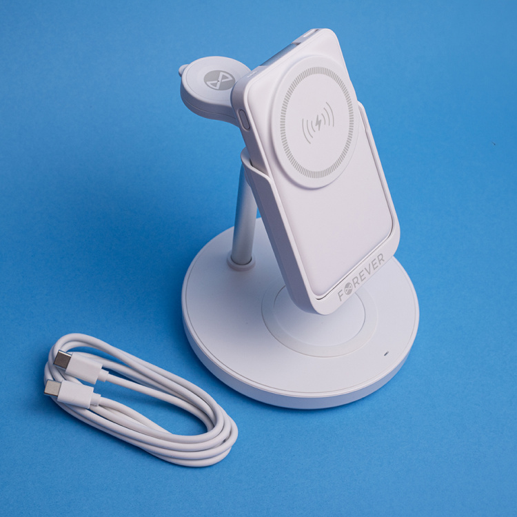 Forever MACS-100 - 5-i-1 trådløs opladningsstation med bærbar Qi-powerbank 5000 mAh, hvid Forever MACS-100 - 5-i-1 trådløs opladningsstation med bærbar Qi-powerbank 5000 mAh, hvid