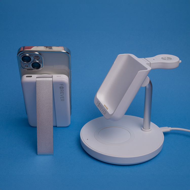 Forever MACS-100 - 5-i-1 trådløs opladningsstation med bærbar Qi-powerbank 5000 mAh, hvid Forever MACS-100 - 5-i-1 trådløs opladningsstation med bærbar Qi-powerbank 5000 mAh, hvid