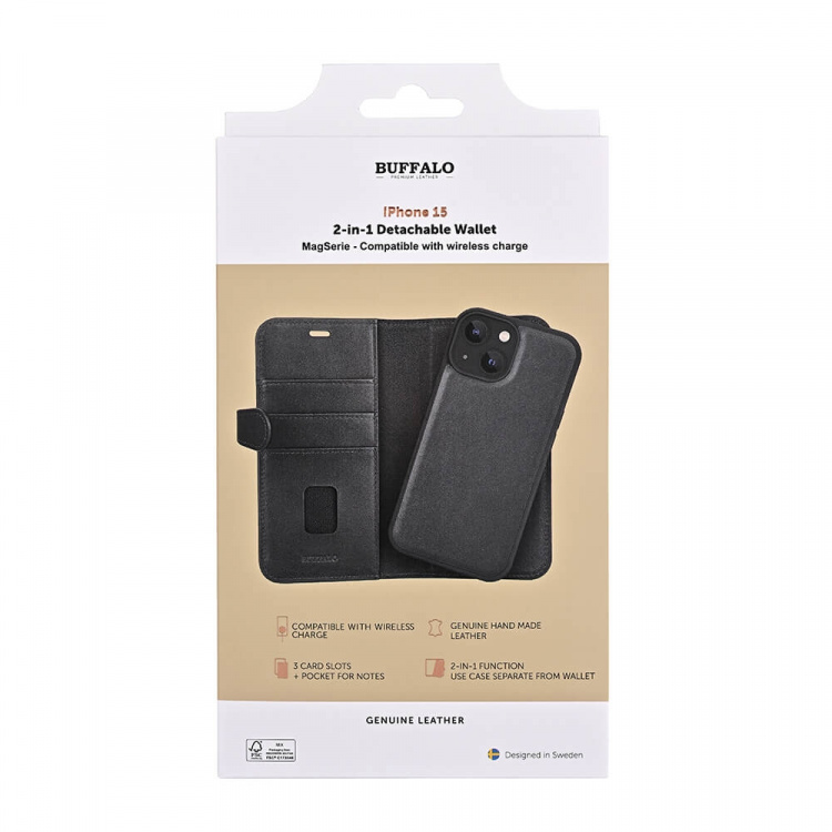 Buffalo Wallet 2-i-1 3 Kort MagSeries Sort- iPhone 15