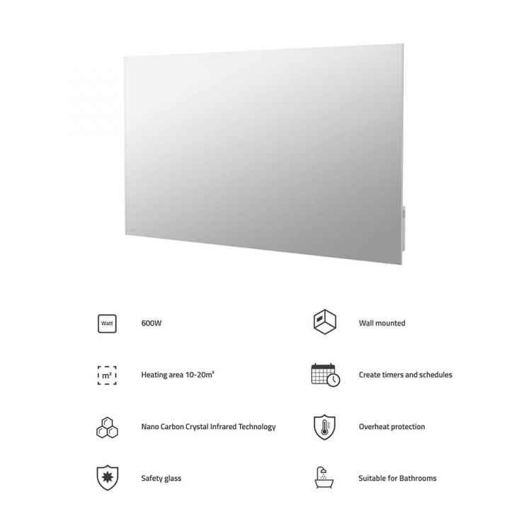 Hombli Smart Spejl Infrarød Varmelegeme Glaspanel 600w