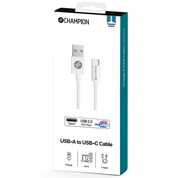 Champion USB-A till USB-C Kabel 1m Vit