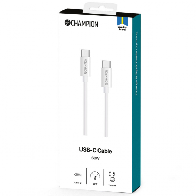 Champion USB-C Kabel 60W 1m Vit Champion USB-C Kabel 60W 1m Vit