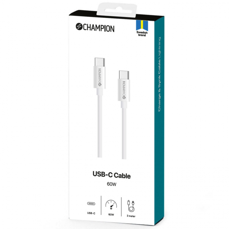 Champion USB-C Kabel 60W 2m Vit
