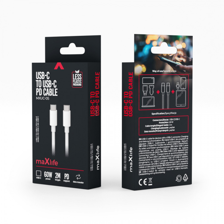 Maxlife MXUC-05 Opladningskabel USB-C - USB-C, 2m 60W, hvid Maxlife MXUC-05 Opladningskabel USB-C - USB-C, 2m 60W, hvid