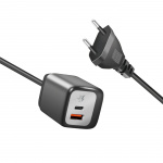 LogiLink USB-laddare 1xUSB-A + 1xUSB-C med fast kabel 1,5m GaN 30W