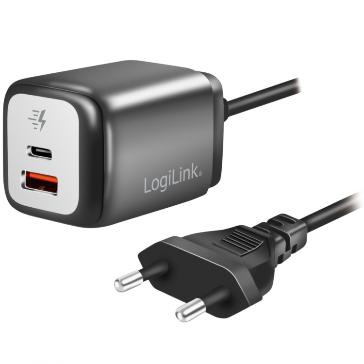 LogiLink USB-laddare 1xUSB-A + 1xUSB-C med fast kabel 1,5m GaN 30W