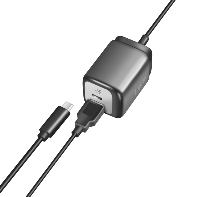 LogiLink USB-laddare 1xUSB-A + 1xUSB-C med fast kabel 1,5m GaN 30W