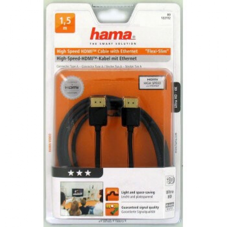 Hama HDMI Ethernet High Speed Kabel 1,5m Flexi-Slim Guldbelagt TL