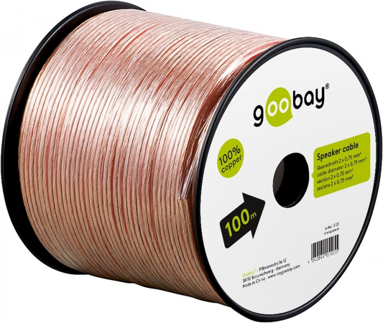 Goobay Højttalerkabel transparent CU 100 m spole, tværsnit 2 x 0,75 mm²