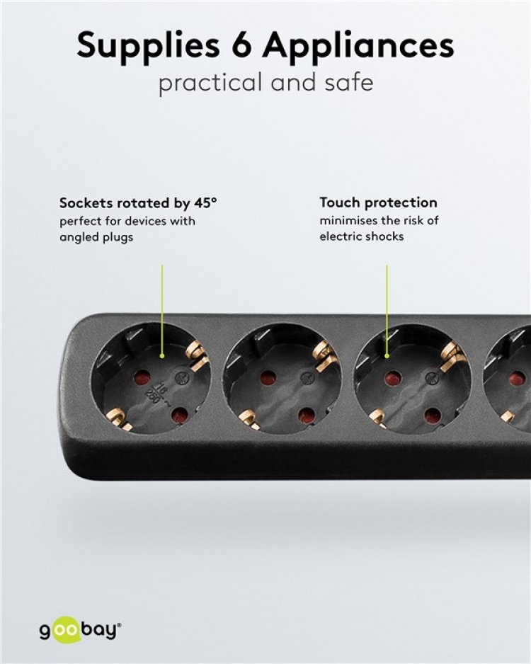 Goobay Stikdåse 6 udtag, 5 m, sort 6x sikkerhedshunstik