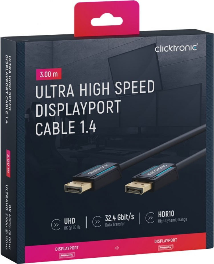 ClickTronic DisplayPort™-kabel Premium-kabel | 1x DisplayPort™-stik 1x DisplayPort™-stik | 3,0 m | UHD 8K @ 60 Hz ClickTronic DisplayPort™-kabel Premium-kabel | 1x DisplayPort™-stik 1x DisplayPort™-stik | 3,0 m | UHD 8K @ 60 Hz