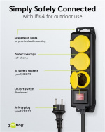 Goobay Stikdåse 5 udtag, stænktæt, 3 m 3 stikkontakter med beskyttelseshætter, egnet til udendørs brug Goobay Stikdåse 5 udtag, stænktæt, 3 m 3 stikkontakter med beskyttelseshætter, egnet til udendørs brug