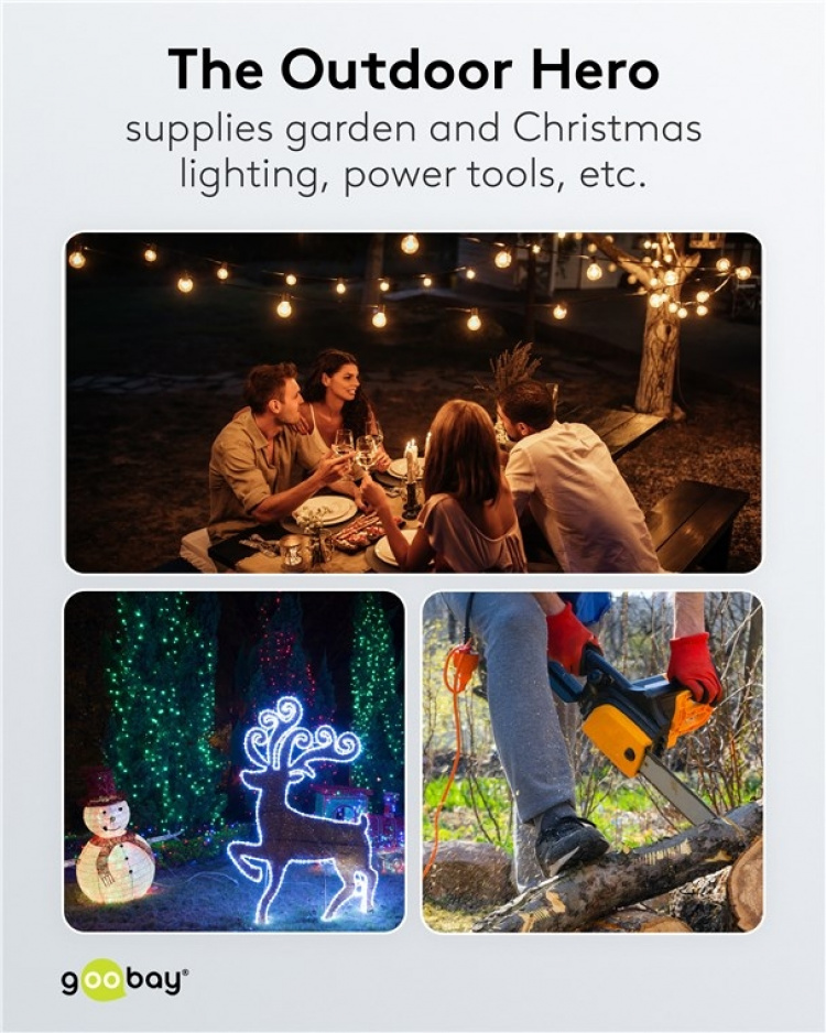 Goobay Stikdåse 5 udtag, stænktæt, 3 m 3 stikkontakter med beskyttelseshætter, egnet til udendørs brug Goobay Stikdåse 5 udtag, stænktæt, 3 m 3 stikkontakter med beskyttelseshætter, egnet til udendørs brug