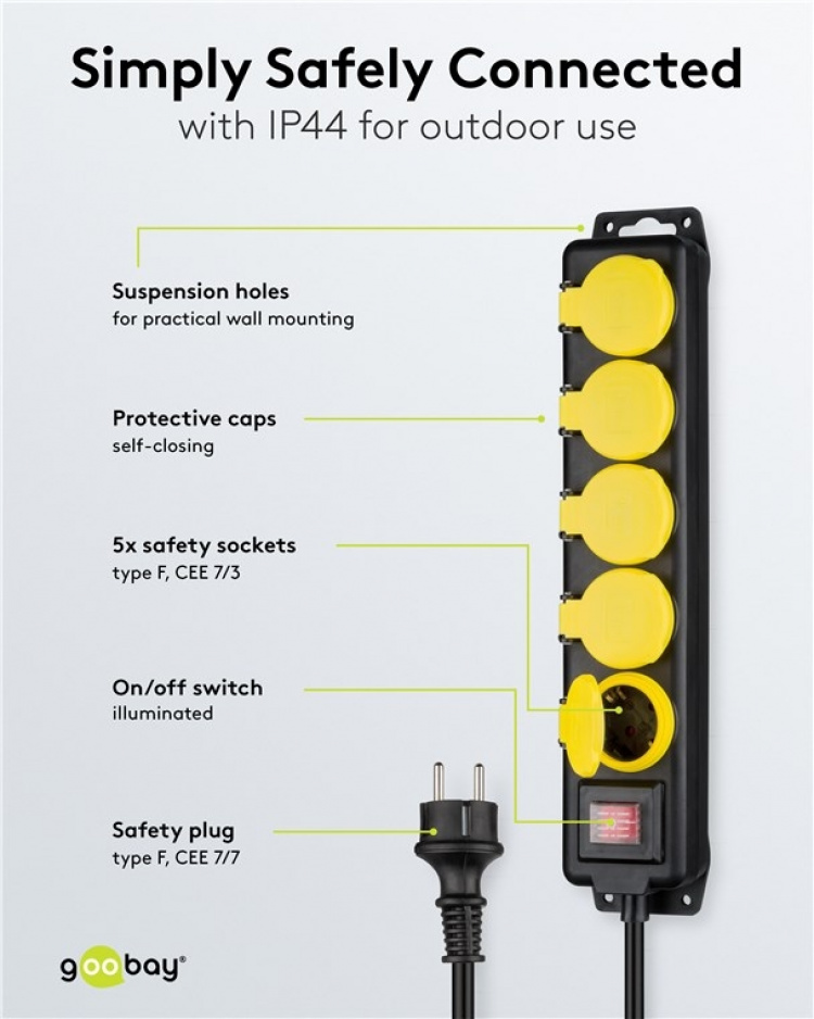 Goobay Stikdåse 5 udtag, stænktæt, 3 m 5 stikkontakter med beskyttelseshætter, egnet til udendørs brug