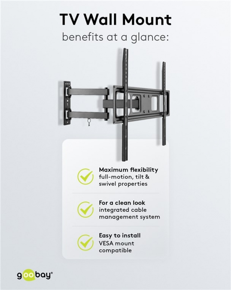 Goobay TV vægbeslag Basic FULLMOTION (L) til tv-apparater fra 37 til 70 tommer (94-178 cm), fuldt bevægeligt (drejelig og vippelig) op til 35 kg Goobay TV vægbeslag Basic FULLMOTION (L) til tv-apparater fra 37 til 70 tommer (94-178 cm), fuldt bevægeligt (drejelig og vippelig) op til 35 kg