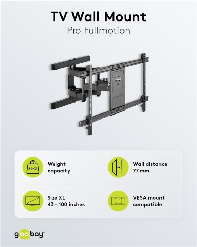 Goobay TV vægbeslag Pro FULLMOTION (XL) til tv-apparater fra 43 til 100 tommer (109-254 cm), fuld bevægelse (drejning og tilt) op til 60 kg Goobay TV vægbeslag Pro FULLMOTION (XL) til tv-apparater fra 43 til 100 tommer (109-254 cm), fuld bevægelse (drejning og tilt) op til 60 kg
