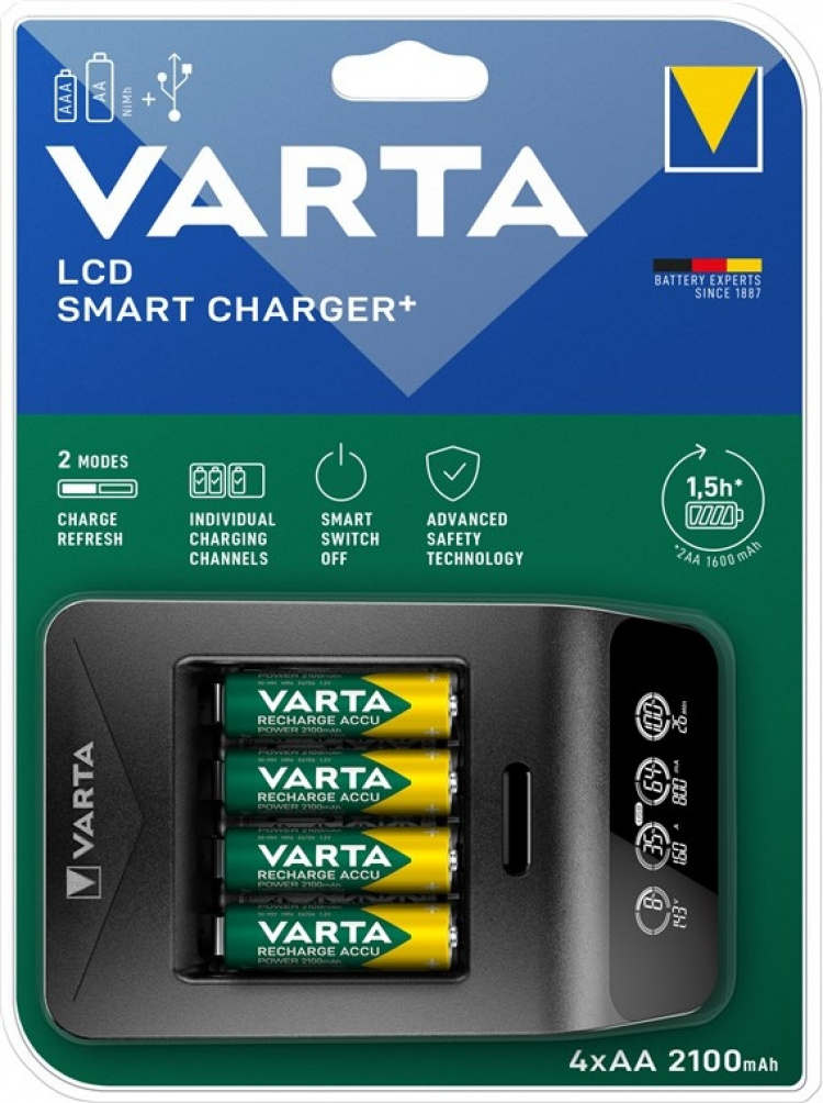 Varta LCD Smart Charger+ (type 57684) inkl. 4x AA 2100 mAh oplader op til 4x AA-batterier eller AAA-batterier (NiMH) samtidigt