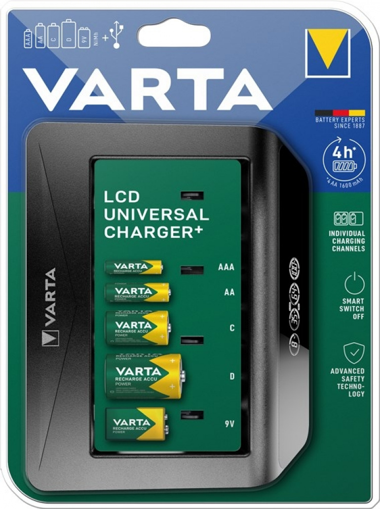 Varta LCD Universal Charger+ (type 57688) oplader 1x 9 V-batteri eller op til 4x AA-batterier, AAA-batterier, C- eller D-batterier (NiMH) samtidigt