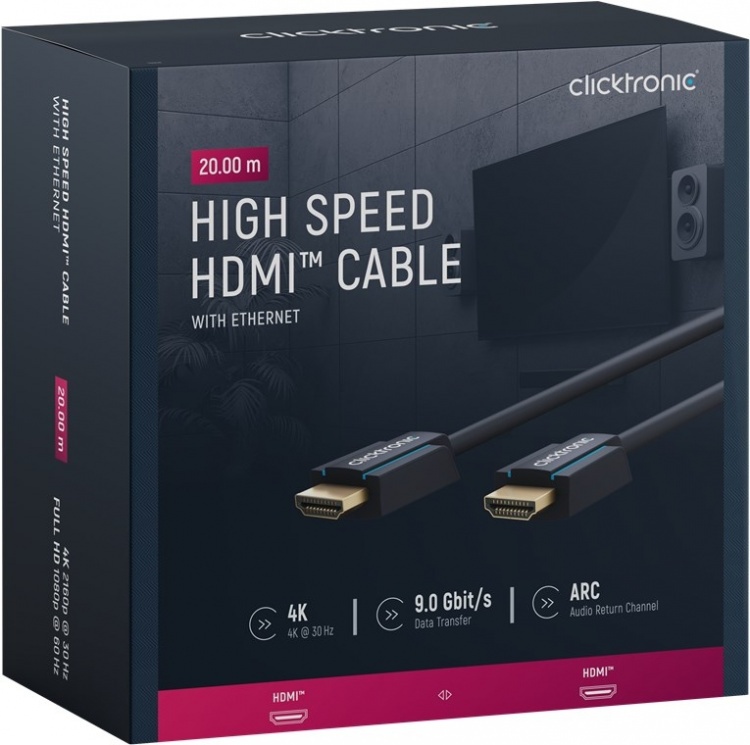ClickTronic Højhastigheds HDMI™-kabel Premium-kabel | 1x HDMI™-stik 1x HDMI™-stik | 20,0 m | UHD 4K @ 30 Hz ClickTronic Højhastigheds HDMI™-kabel Premium-kabel | 1x HDMI™-stik 1x HDMI™-stik | 20,0 m | UHD 4K @ 30 Hz