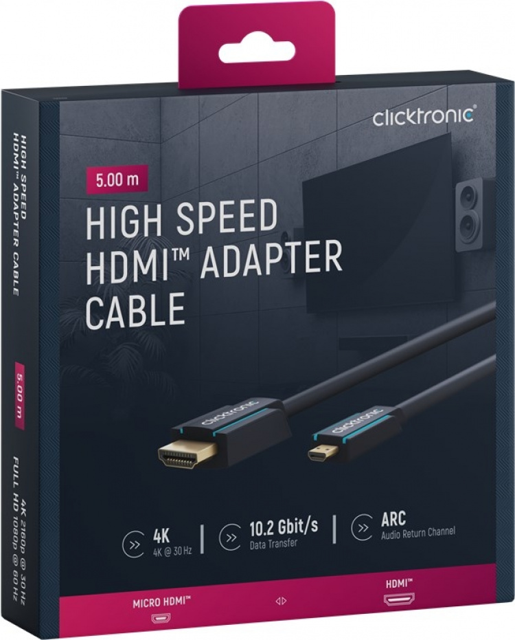 ClickTronic HDMI™ til Micro HDMI™ adapterkabel Premium-kabel | 1x HDMI™-stik 1x Micro-HDMI™-stik | 5,0 m | UHD 4K @ 30 Hz ClickTronic HDMI™ til Micro HDMI™ adapterkabel Premium-kabel | 1x HDMI™-stik 1x Micro-HDMI™-stik | 5,0 m | UHD 4K @ 30 Hz