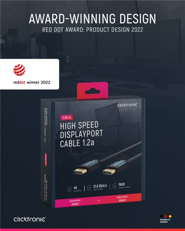 ClickTronic DisplayPort™-kabel Premium-kabel | 1x DisplayPort™-stik 1x DisplayPort™-stik | 5,0 m | UHD 4K @ 60 Hz ClickTronic DisplayPort™-kabel Premium-kabel | 1x DisplayPort™-stik 1x DisplayPort™-stik | 5,0 m | UHD 4K @ 60 Hz