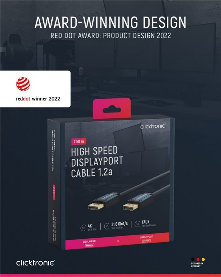 ClickTronic DisplayPort™-kabel Premium-kabel | 1x DisplayPort™-stik 1x DisplayPort™-stik | 7,5 m | UHD 4K @ 60 Hz ClickTronic DisplayPort™-kabel Premium-kabel | 1x DisplayPort™-stik 1x DisplayPort™-stik | 7,5 m | UHD 4K @ 60 Hz