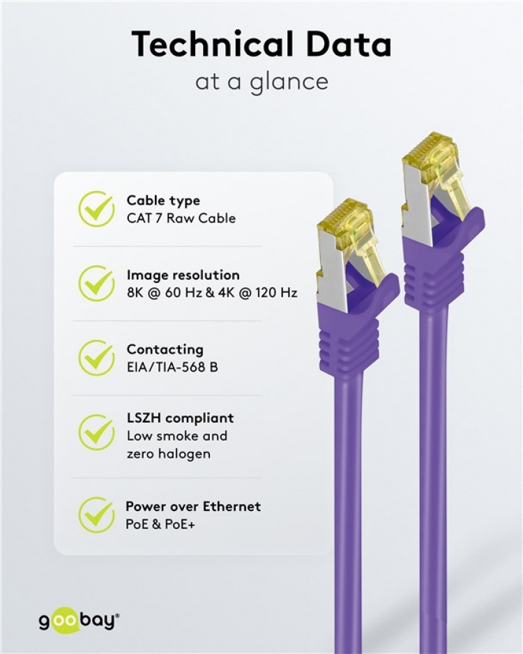 Goobay RJ45 netværkskabel S/FTP (PiMF), 500 MHz, med CAT 7 råkabel, violet, 10 m LSZH halogenfri kabelkappe, kobber, RJ45-hanstik (CAT 6A)