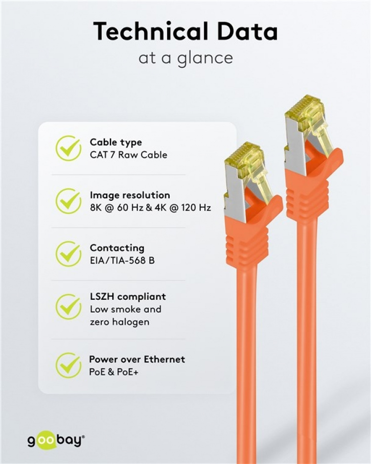 Goobay RJ45 netværkskabel S/FTP (PiMF), 500 MHz, med CAT 7 råkabel, orange, 25 m LSZH halogenfri kabelkappe, kobber, RJ45-hanstik (CAT 6A)