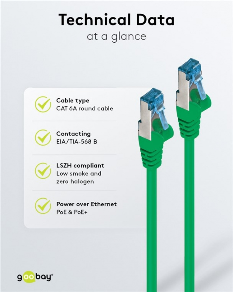 Goobay Netværkskabel CAT 6A, S/FTP (PiMF), grøn, 2 m kobberleder (CU), halogenfri kabelkappe (LSZH) Goobay Netværkskabel CAT 6A, S/FTP (PiMF), grøn, 2 m kobberleder (CU), halogenfri kabelkappe (LSZH)