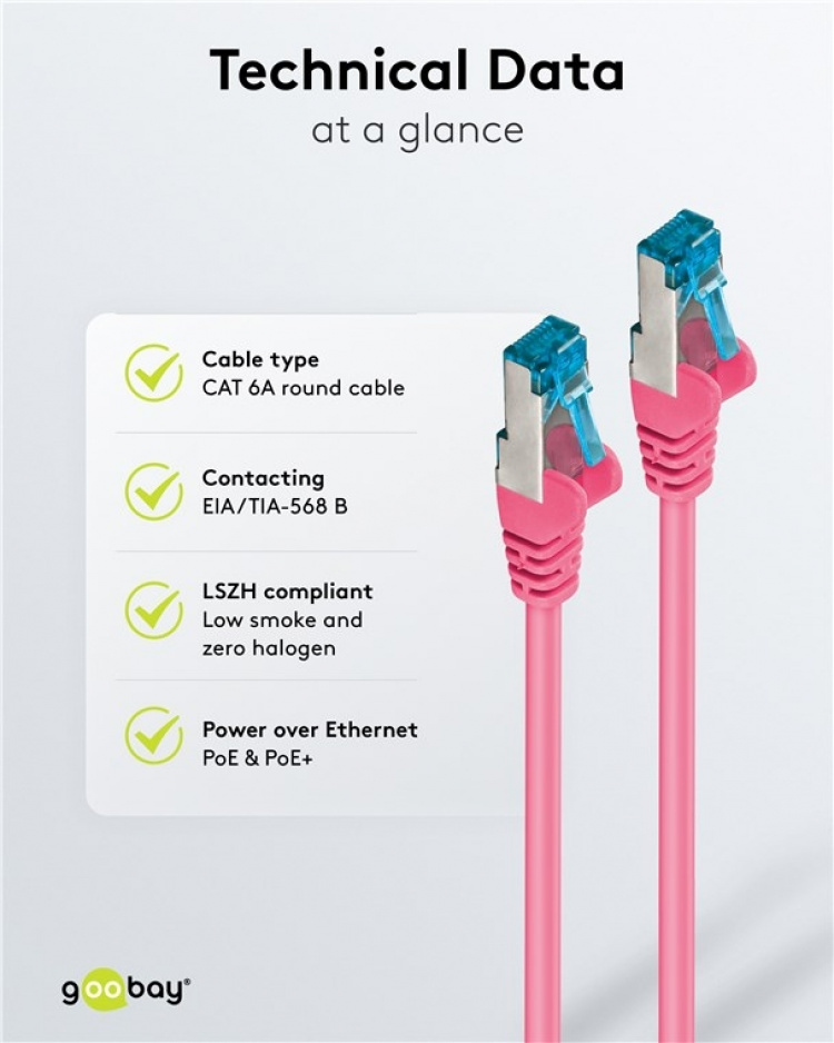 Goobay Netværkskabel CAT 6A, S/FTP (PiMF), magenta, 2 m kobberleder (CU), halogenfri kabelkappe (LSZH) Goobay Netværkskabel CAT 6A, S/FTP (PiMF), magenta, 2 m kobberleder (CU), halogenfri kabelkappe (LSZH)
