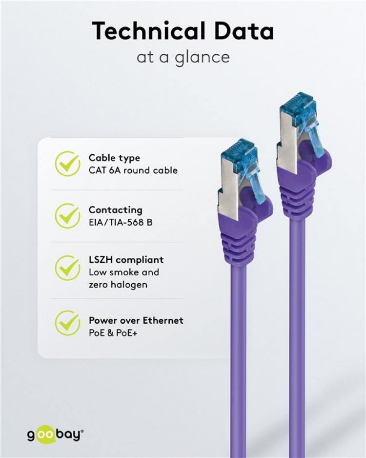 Goobay Netværkskabel CAT 6A, S/FTP (PiMF), violet, 2 m kobberleder (CU), halogenfri kabelkappe (LSZH)