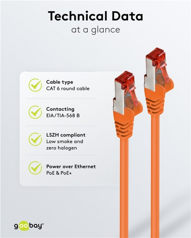 Goobay Netværkskabel CAT 6, S/FTP (PiMF), orange, 1,5 m kobberleder (CU), halogenfri kabelkappe (LSZH)